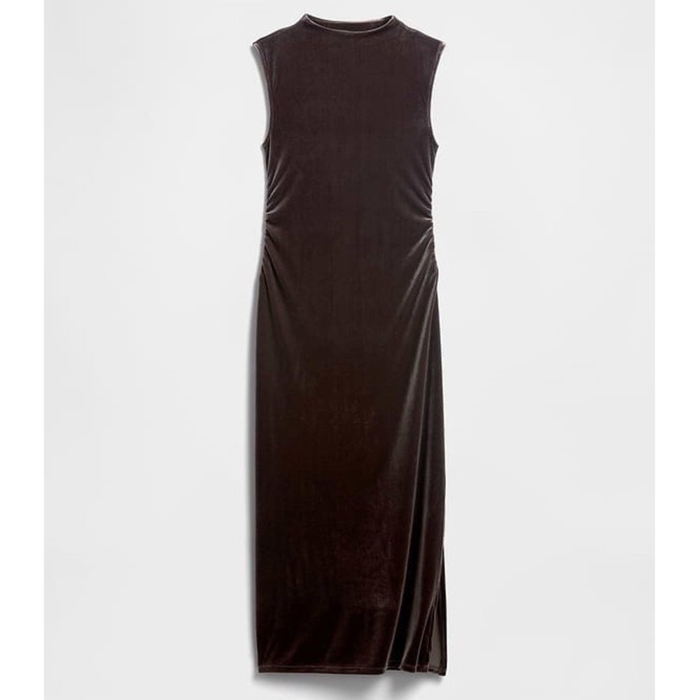 Gap Brown Velvet Ruched Maxi Midi Bodycon Sleeveless Mock Neck Dress XL